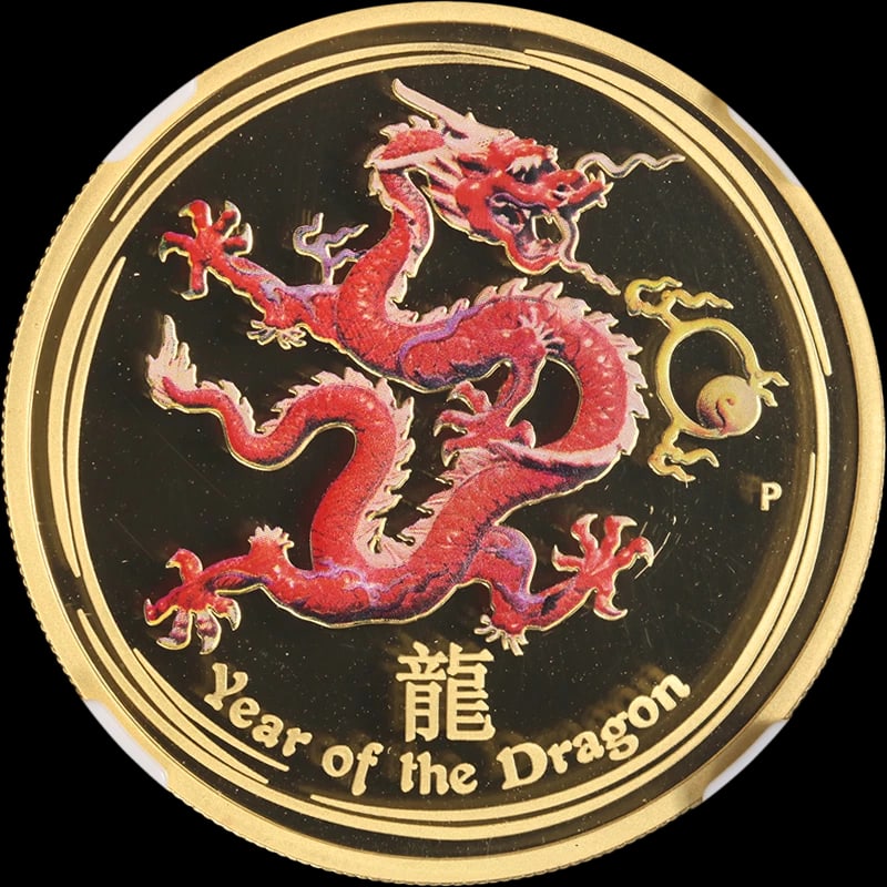 2012-P AUSTRALIA GOLD $100 YEAR OF DRAGON: 2012-P Australia Gold $100 Year of Dragon Year: 2012 Fineness: 0.999 Composition: Gold Denomination: $100 Country of Origin: Australia Accessories: None Accessories Notice: When purchasing