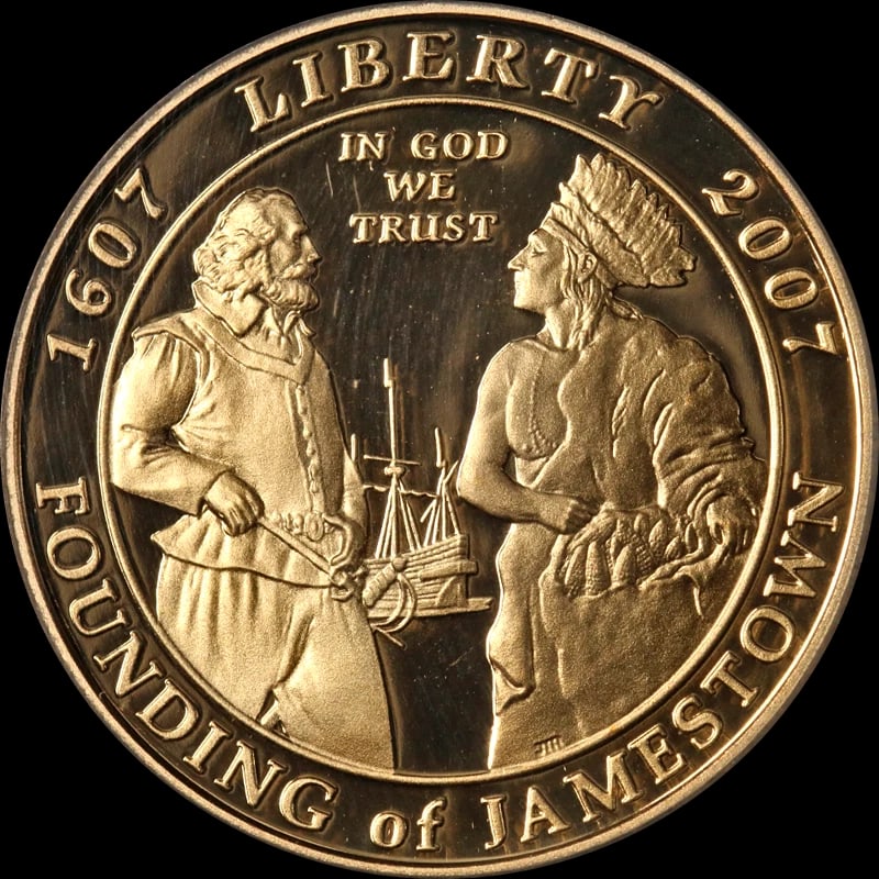 2007-W JAMESTOWN COMMEM GOLD $5: 2007-W Jamestown Commem Gold $5 Year: 2007 Fineness: 0.9 Composition: Gold Denomination: $5 Country of Origin: United States Accessories: None Accessories Notice: When purchasing pre-owned