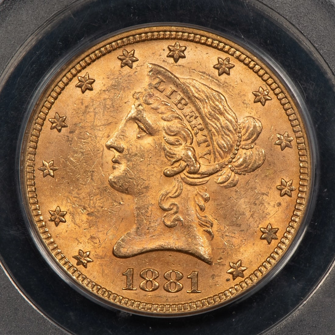 1881 G$10 LIBERTY HEAD GOLD EAGLE: 1881 G$10 Liberty Head Gold Eagle Brand/Mint: U.S. Mint Year: 1881 Fineness: 0.9 Composition: Gold Coin: US Pre-1933 Gold Bullion Denomination: $10 Country of Origin: United States