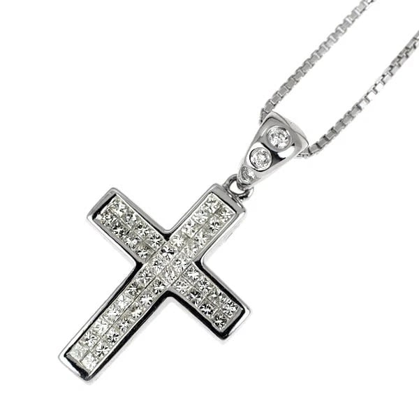 K18WG CROSS MYSTERY SETTING DIAMOND PENDANT NECKLACE: K18WG Cross Mystery Setting Diamond Pendant Necklace Brand: None Type: Pendant Necklace Material: Metal Purity K18 Metal Gold Main Stone/Creation Natural Color: None Size: Necklace: Chain