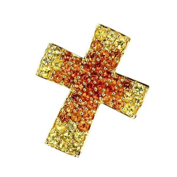 K18YG COLOR SAPPHIRE PENDANT TOP CROSS: K18YG color sapphire pendant top cross Brand: None Type: pendant top Material: Metal Purity K18 Metal Gold Main Stone/Creation sapphires Color: None Size: Length/Width/Diameter18.4 