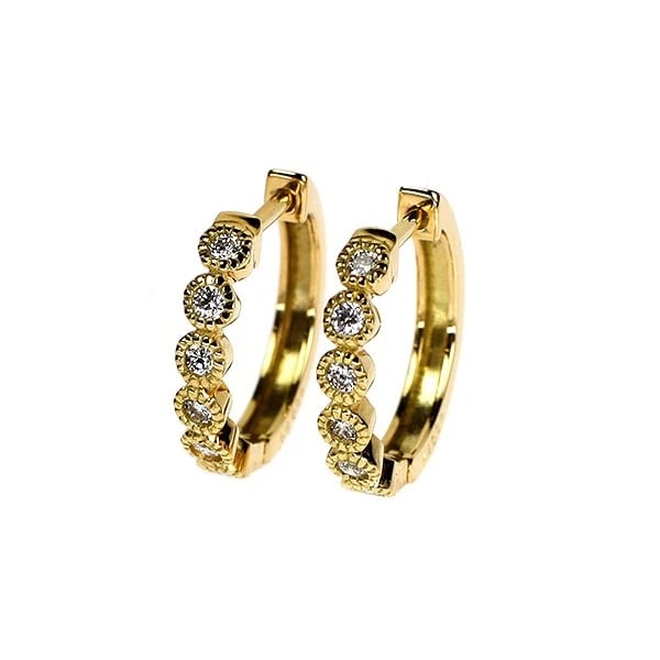 K18YG MILGRAIN DIAMOND HOOP EARRINGS: K18YG Milgrain Diamond Hoop Earrings Brand: None Type: piercing Material: Metal Purity K18 Metal Gold Main Stone/Creation Natural Color: None Size: Length/Width/Diameter11.7 Accessories: None
