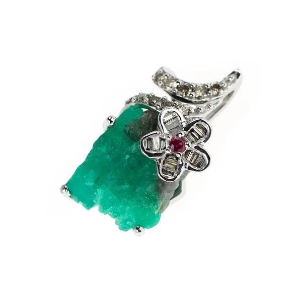 K18WG EMERALD RUBY DIAMOND PENDANT TOP: K18WG emerald ruby diamond pendant top Brand: None Type: pendant top Material: Metal Purity None Metal K18WG Main Stone/Creation emeralds Color: White Gold Size: None Accessories: None Acc