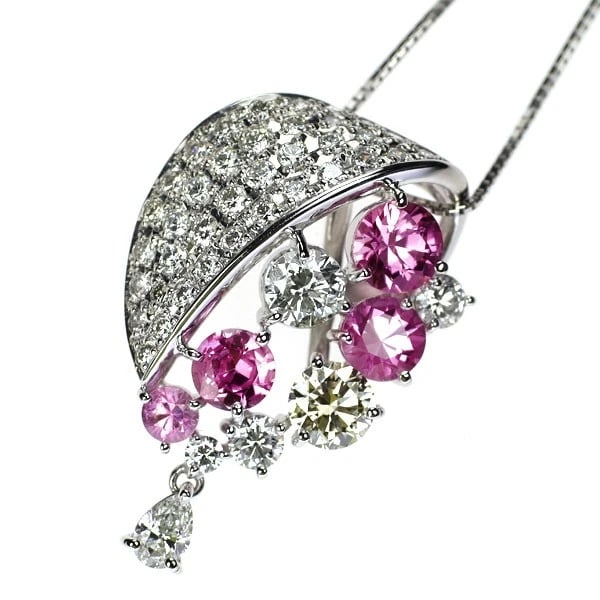 SKY K18WG PINK SAPPHIRE DIAMOND PENDANT NECKLACE: Sky K18WG Pink Sapphire Diamond Pendant Necklace Brand: None Type: Pendant Necklace Material: Metal Purity K18 Metal Gold Main Stone/Creation sapphires Color: None Size: Necklace: Chain Length