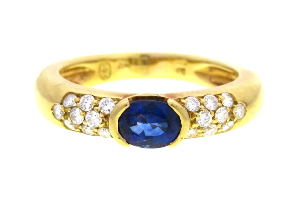 PIAGET BLUE SAPPHIRE DIAMONDS BAND RING: Piaget Blue Sapphire Diamonds Band Ring Brand: Piaget Type: Ring Material: 18k Yellow Gold Main Stone/Creation Natural Color: Yellow Size: 6.25 US Accessories: None Accessories Notice: When