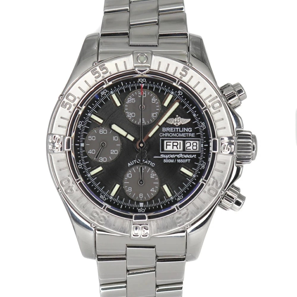BREITLING SUPEROCEAN CHRONO BLACK WATCH: BREITLING Superocean Chrono Black Watch Brand: BREITLING Type: Wristwatch Material: Band MaterialSs (Stainless Steel), Band MaterialSs (Stainless Steel), Case MaterialCase MaterialN/A Color: