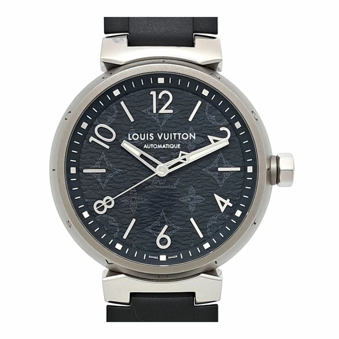 LOUIS VUITTON TAMBOUR MONOGRAM ECLIPSE WATCH: LOUIS VUITTON Tambour Monogram Eclipse Watch Brand: LOUIS VUITTON Type: Wristwatch Material: Band MaterialStainless Steel, Band MaterialStainless Steel, Case MaterialCase MaterialN/A Color: black