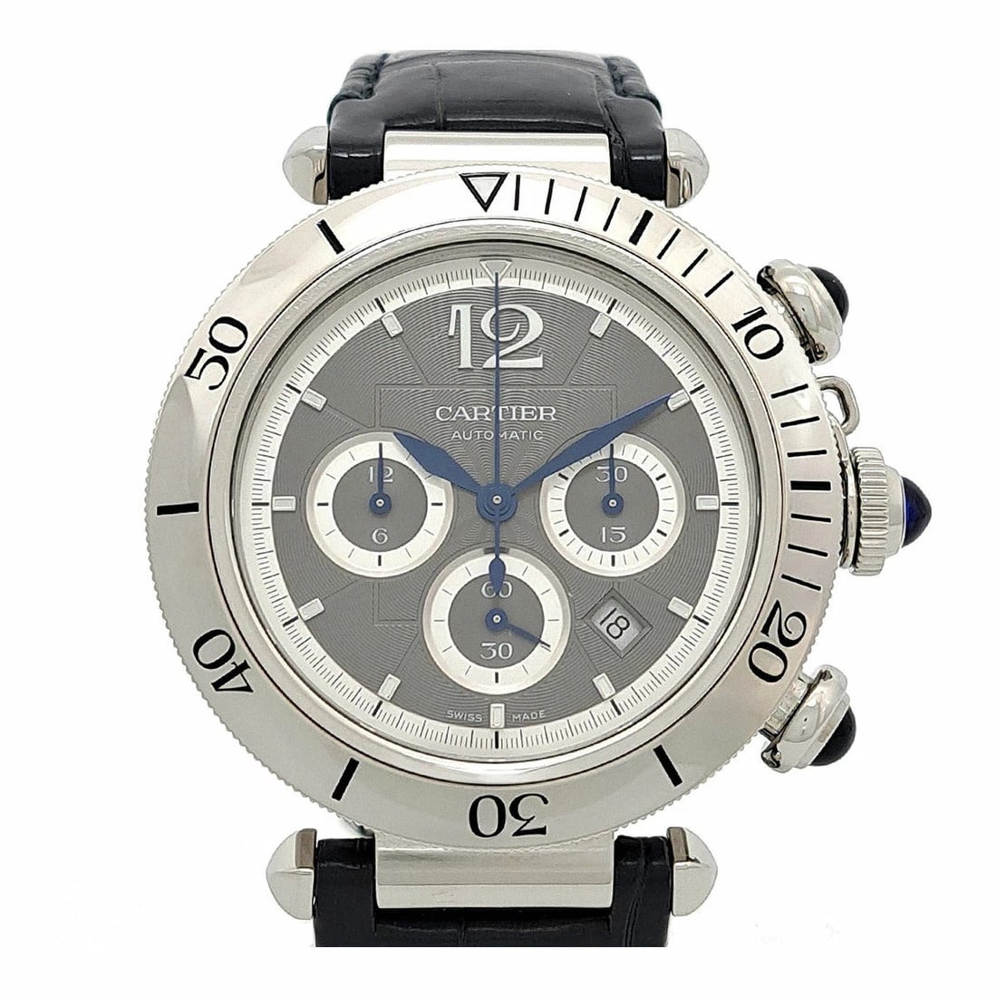 CARTIER PASHA CHRONOGRAPH GRAY WATCH: CARTIER Pasha Chronograph Gray Watch Brand: CARTIER Type: Wristwatch Material: Band MaterialStainless Steel, Band MaterialStainless Steel, Case MaterialCase MaterialN/A Color: gray Size: Wrist