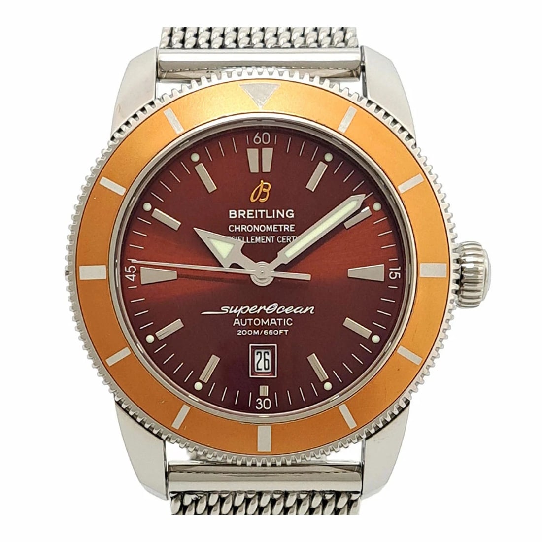 BREITLING SUPEROCEAN ORANGE WATCH: BREITLING Superocean Orange Watch Brand: BREITLING Type: Wristwatch Material: Band MaterialStainless Steel, Band MaterialStainless Steel, Case MaterialCase MaterialN/A Color: orange Size: