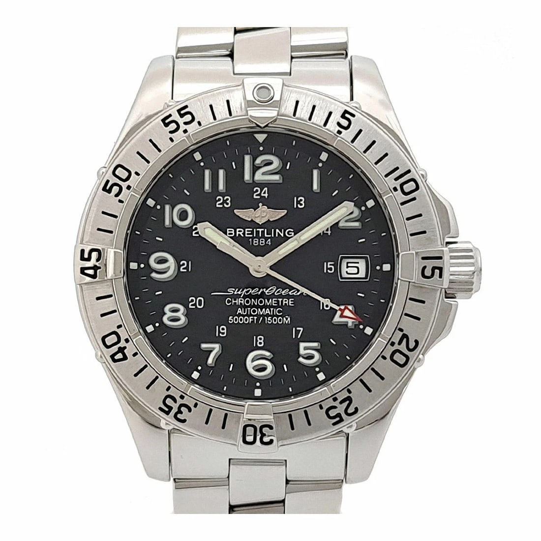 BREITLING SUPEROCEAN BLACK WATCH: BREITLING Superocean Black Watch Brand: BREITLING Type: Wristwatch Material: Band MaterialStainless Steel, Band MaterialStainless Steel, Case MaterialCase MaterialN/A Color: black Size: Wrist Size