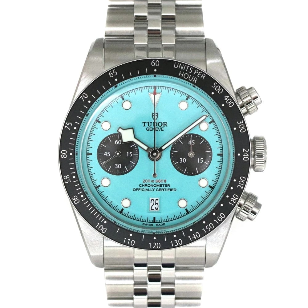 TUDOR BLACK CHRONO WATCH: TUDOR Black Chrono Watch Brand: TUDOR Type: Wristwatch Material: Band MaterialStainless Steel, Band MaterialStainless Steel, Case MaterialCase MaterialN/A Color: none Size: Wrist Size19.5cm, Case