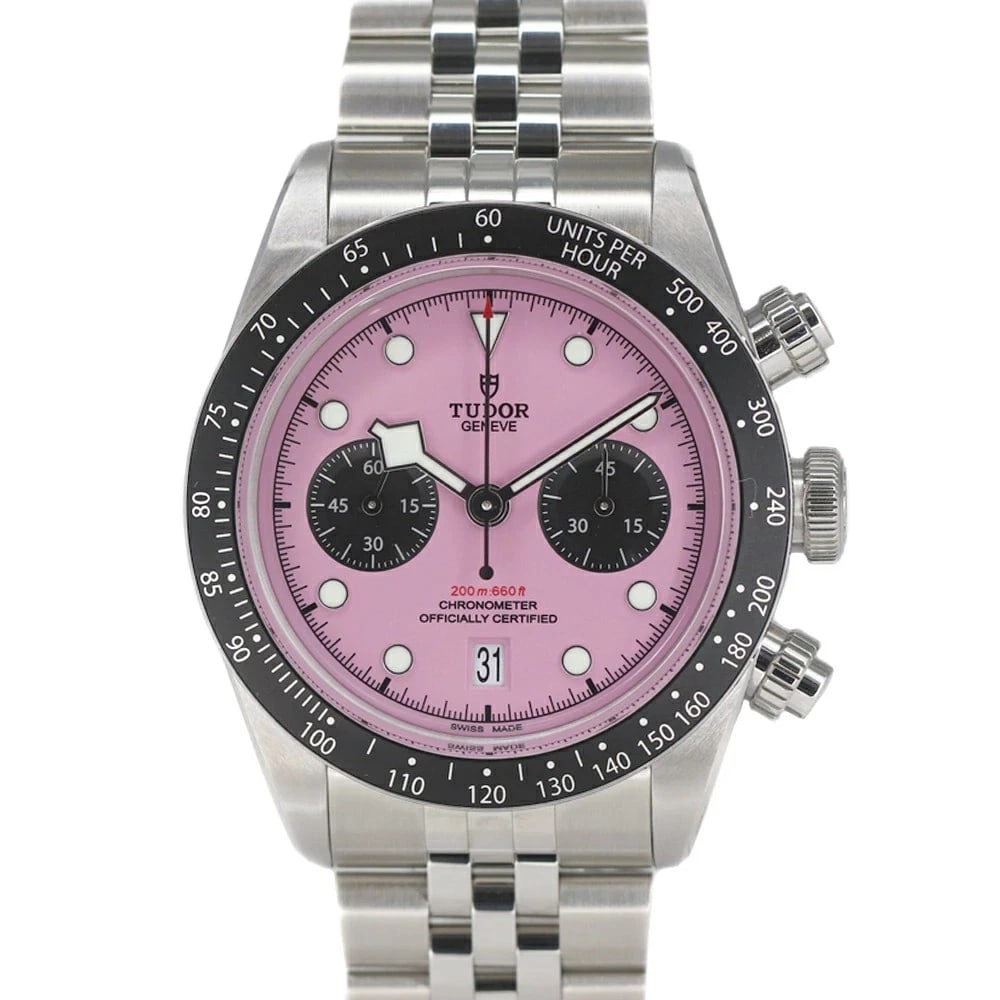 TUDOR BLACK CHRONO PINK WATCH: TUDOR Black Chrono Pink Watch Brand: TUDOR Type: Wristwatch Material: Band MaterialStainless Steel, Band MaterialStainless Steel, Case MaterialCase MaterialN/A Color: pink Size: Wrist