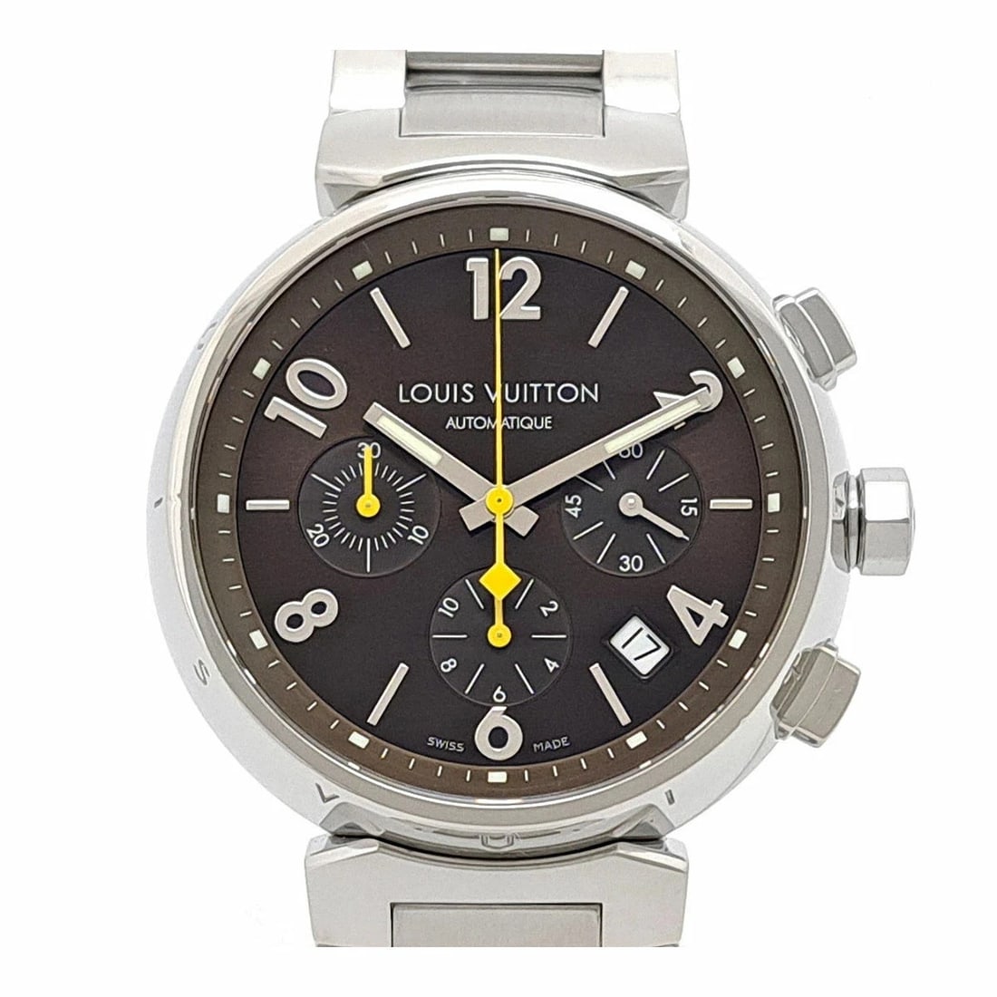 LOUIS VUITTON TAMBOUR CHRONOGRAPH WATCH: LOUIS VUITTON Tambour Chronograph Watch Brand: LOUIS VUITTON Type: Wristwatch Material: Band MaterialStainless Steel, Band MaterialStainless Steel, Case MaterialCase MaterialN/A Color: brown 