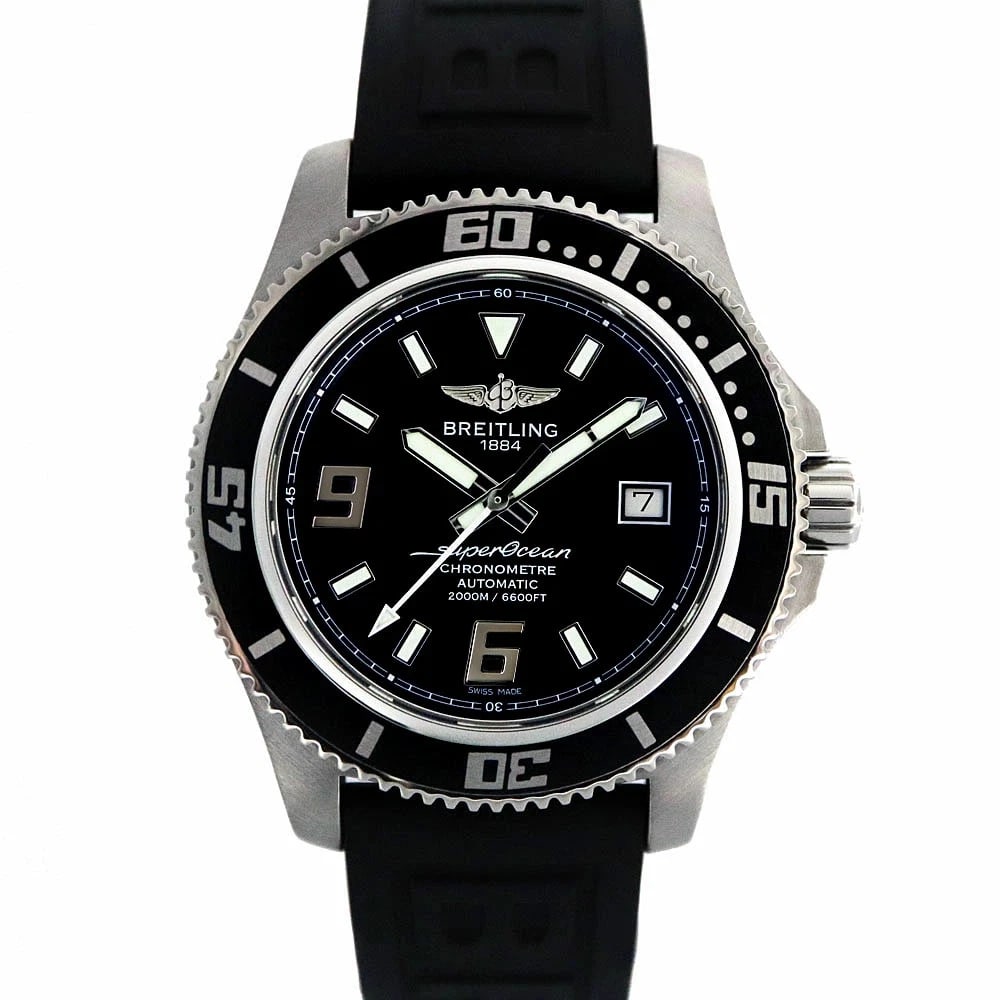 BREITLING SUPEROCEAN BLACK WATCH: BREITLING Superocean Black Watch Brand: BREITLING Type: Wristwatch Material: Band MaterialStainless Steel, Band MaterialStainless Steel, Case MaterialCase MaterialN/A Color: black Size: Wrist