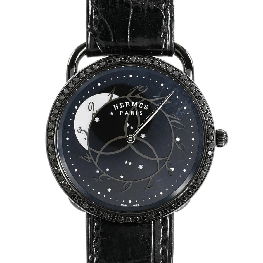 HERMES ARCEAU BLACK WATCH: HERMES Arceau Black Watch Brand: HERMES Type: Wristwatch Material: Band MaterialStainless Steel Pvd/Leather Strap, Band MaterialStainless Steel Pvd/Leather Strap, Case MaterialCase MaterialN/A 