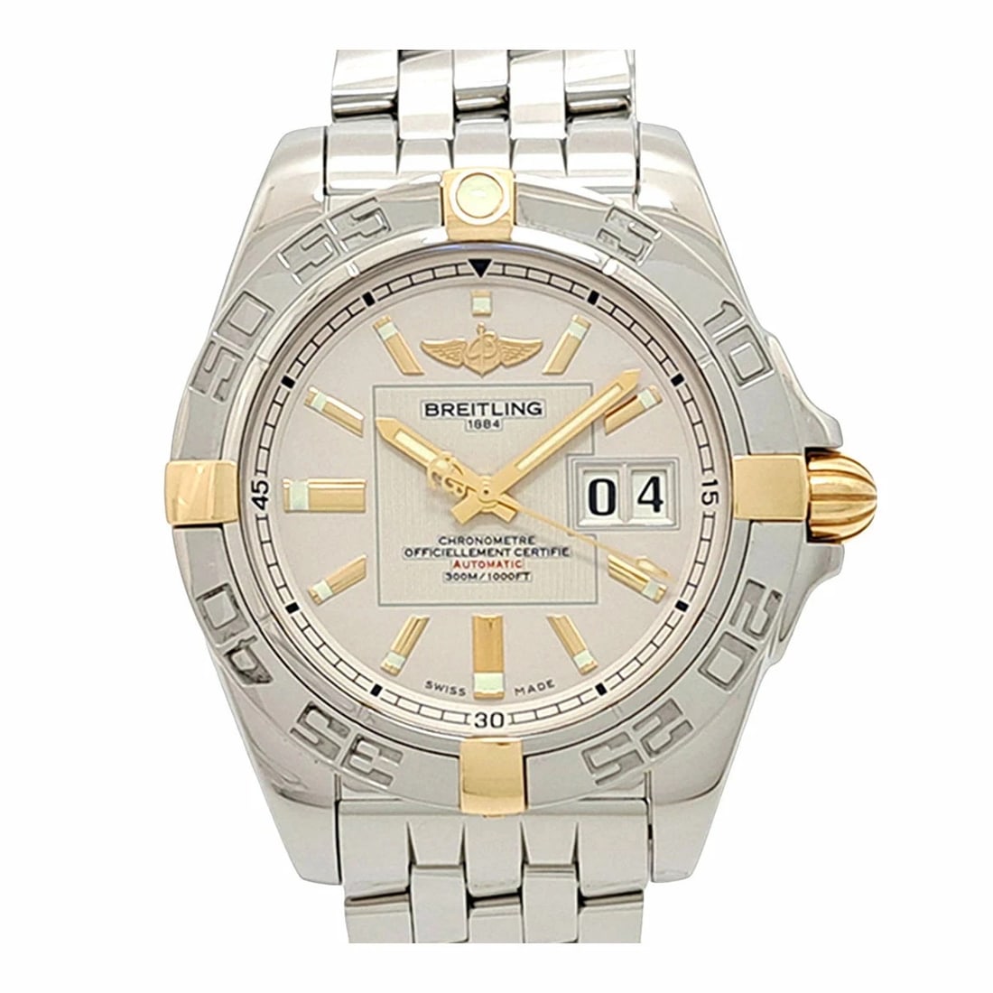 BREITLING SILVER WATCH: BREITLING Silver Watch Brand: BREITLING Type: Wristwatch Material: Band MaterialStainless Steel Yellow Gold, Band MaterialStainless Steel Yellow Gold, Case MaterialCase MaterialN/A Color: