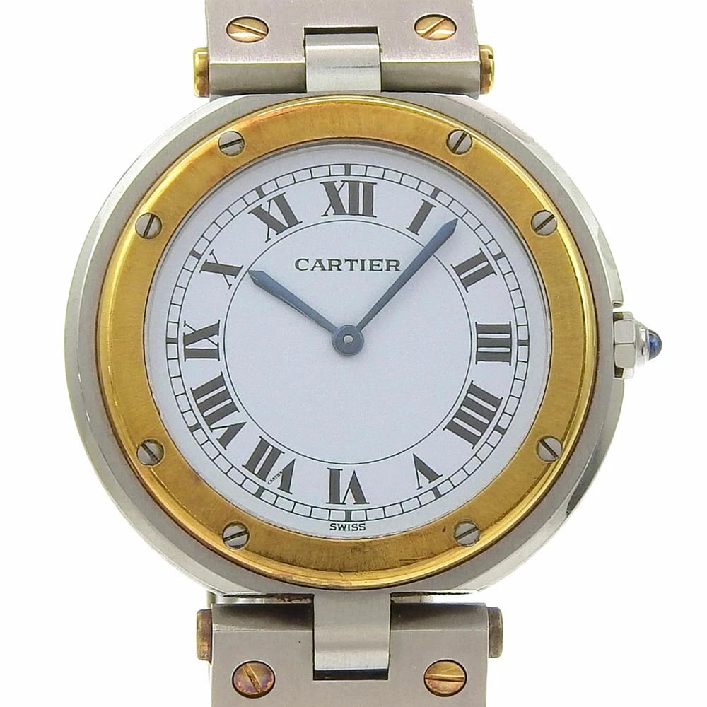 CARTIER SANTOS ROUND SILVER WATCH: CARTIER Santos Round Silver Watch Brand: CARTIER Type: Wristwatch Material: Band MaterialStainless Steel/18K Yellow Gold, Band MaterialStainless Steel/18K Yellow Gold, Case MaterialCase