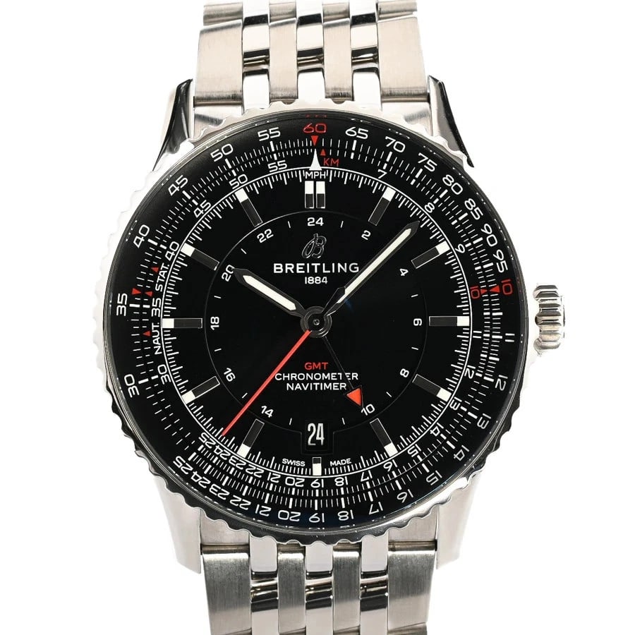 BREITLING NAVITIMER WATCH: BREITLING Navitimer Watch Brand: BREITLING Type: Wristwatch Material: Band MaterialStainless Steel/Bracelet, Band MaterialStainless Steel/Bracelet, Case MaterialCase MaterialN/A Color: black 