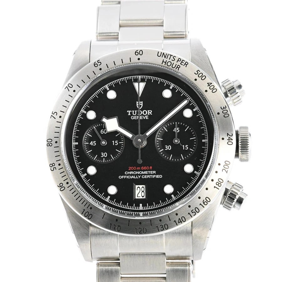 TUDOR HERITAGE BLACK CHRONO WATCH: TUDOR Heritage Black Chrono Watch Brand: TUDOR Type: Wristwatch Material: Band MaterialStainless Steel/Bracelet, Band MaterialStainless Steel/Bracelet, Case MaterialCase MaterialN/A Color: