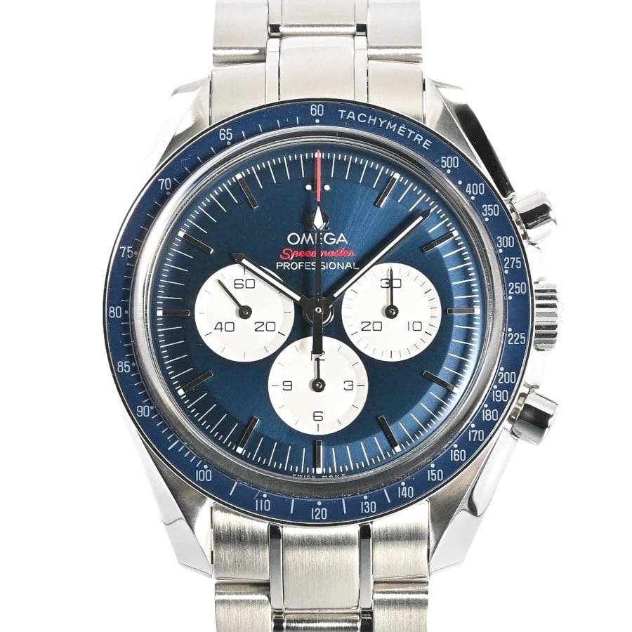 OMEGA SPEEDMASTER BLUE WATCH: OMEGA Speedmaster Blue Watch Brand: OMEGA Type: Wristwatch Material: Band MaterialStainless Steel/Bracelet, Band MaterialStainless Steel/Bracelet, Case MaterialCase MaterialN/A Color: blue 