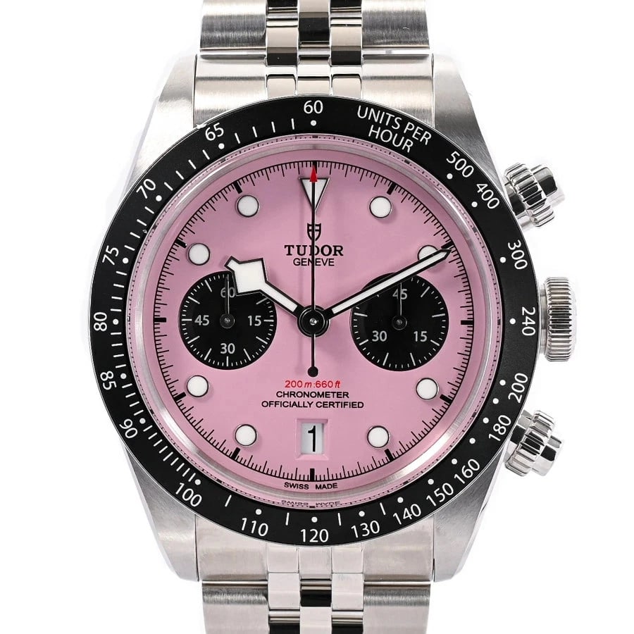 TUDOR BLACK CHRONO PINK WATCH: TUDOR Black Chrono Pink Watch Brand: TUDOR Type: Wristwatch Material: Band MaterialStainless Steel/Bracelet, Band MaterialStainless Steel/Bracelet, Case MaterialCase MaterialN/A Color: pink Size:
