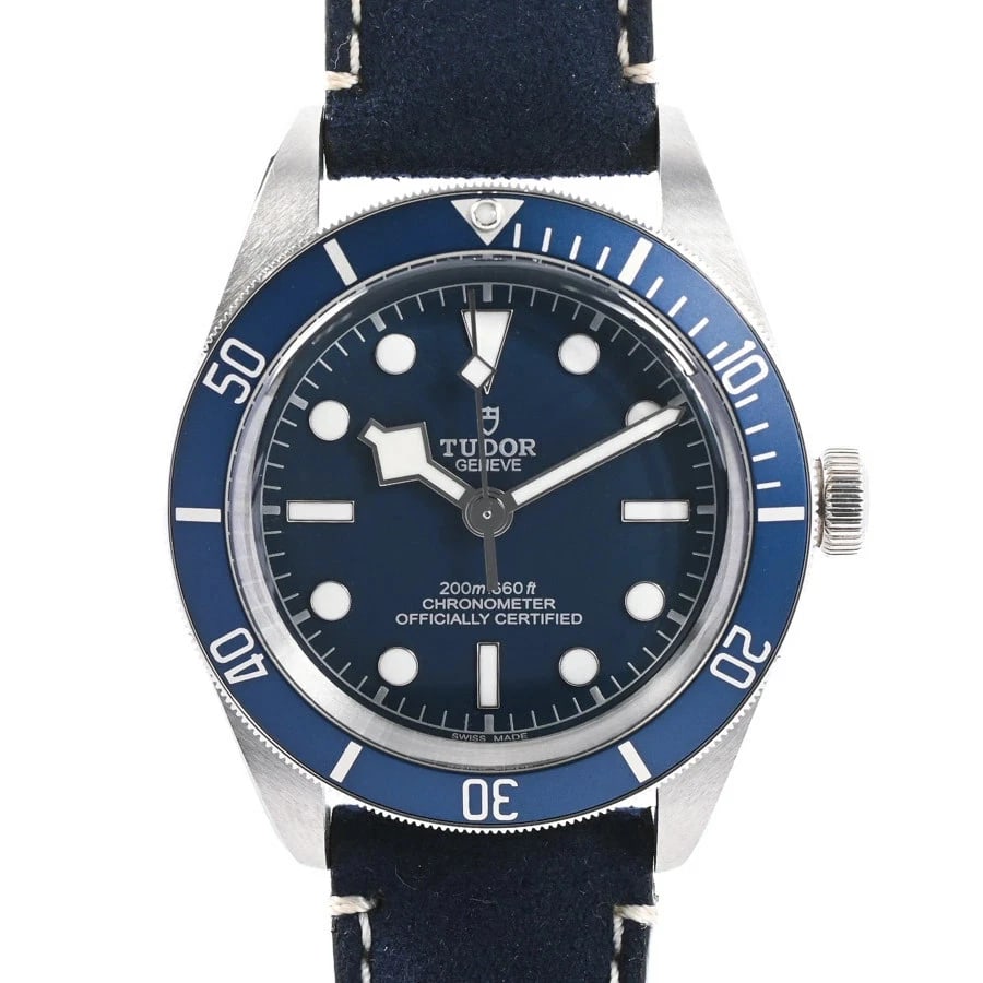 TUDOR BLACK BLUE WATCH: TUDOR Black Blue Watch Brand: TUDOR Type: Wristwatch Material: Band MaterialStainless Steel/Leather Strap, Band MaterialStainless Steel/Leather Strap, Case MaterialCase MaterialN/A Color: blue Siz