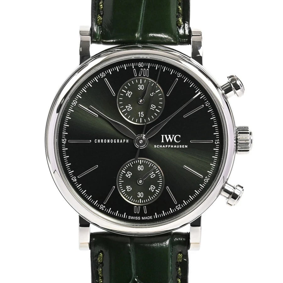 IWC PORTOFINO CHRONOGRAPH GREEN WATCH: IWC Portofino Chronograph Green Watch Brand: IWC Type: Wristwatch Material: Band MaterialStainless Steel/Leather Strap, Band MaterialStainless Steel/Leather Strap, Case MaterialCase MaterialN/A 