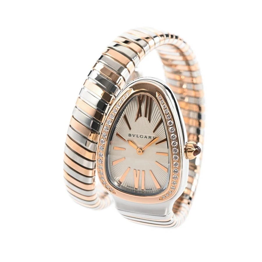 BVLGARI SERPENTI SILVER WATCH: BVLGARI Serpenti Silver Watch Brand: BVLGARI Type: Wristwatch Material: Band MaterialStainless Steel/Pink Gold/Bracelet, Band MaterialStainless Steel/Pink Gold/Bracelet, Case MaterialCase