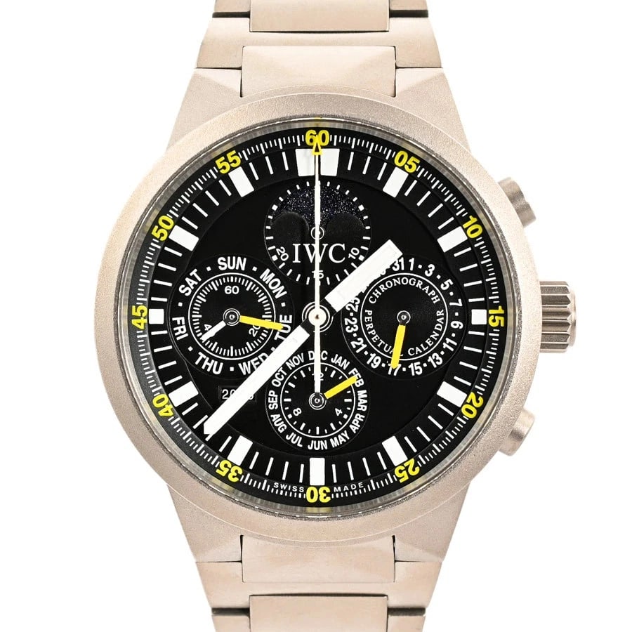 IWC PERPETUAL CHRONOGRAPH BLACK WATCH: IWC Perpetual Chronograph Black Watch Brand: IWC Type: Wristwatch Material: Band MaterialTitanium/Bracelet, Band MaterialTitanium/Bracelet, Case MaterialCase MaterialN/A Color: black Size: