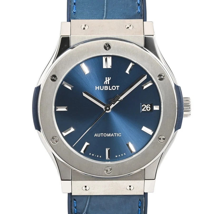 HUBLOT CLASSIC FUSION TITANIUM BLUE WATCH: HUBLOT Classic Fusion Titanium Blue Watch Brand: HUBLOT Type: Wristwatch Material: Band MaterialTitanium/Leather Strap, Band MaterialTitanium/Leather Strap, Case MaterialCase MaterialN/A Color: