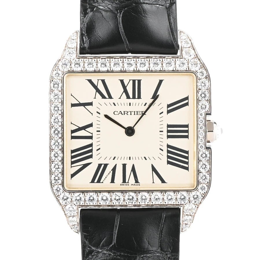 CARTIER SANTOS DUMONT WHITE WATCH: CARTIER Santos Dumont White Watch Brand: CARTIER Type: Wristwatch Material: Band MaterialWhite Gold/Leather Strap, Band MaterialWhite Gold/Leather Strap, Case MaterialCase MaterialN/A Color:
