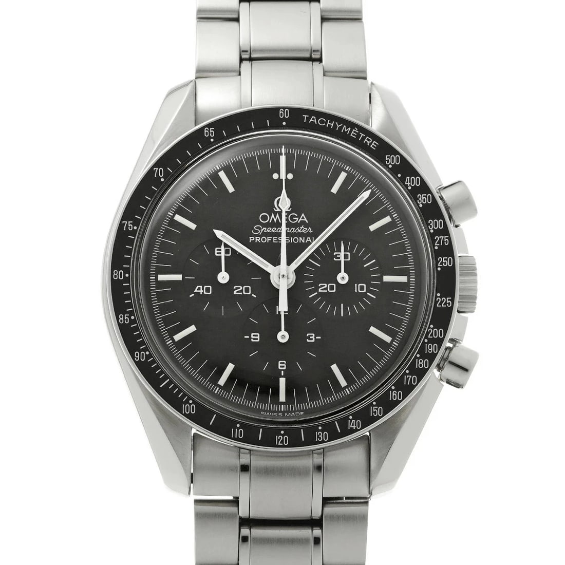 OMEGA SPEEDMASTER MOONWATCH BLACK WATCH: OMEGA Speedmaster Moonwatch Black Watch Brand: OMEGA Type: Wristwatch Material: Band MaterialStainless, Band MaterialStainless, Case MaterialCase MaterialPlastic Color: black Size: Wrist