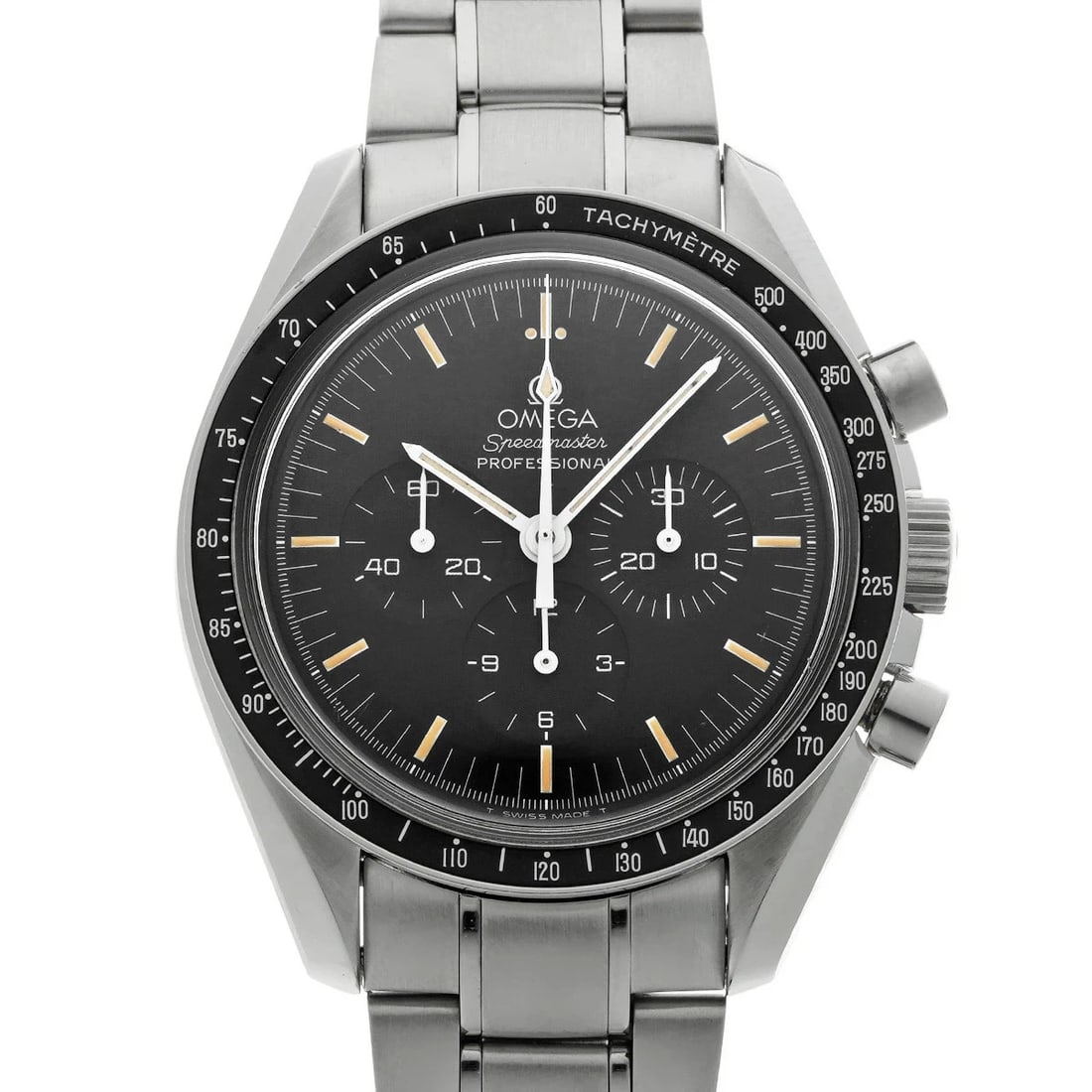OMEGA SPEEDMASTER MOONWATCH BLACK WATCH: OMEGA Speedmaster Moonwatch Black Watch Brand: OMEGA Type: Wristwatch Material: Band MaterialStainless, Band MaterialStainless, Case MaterialCase MaterialPlastic Color: black Size: Wrist