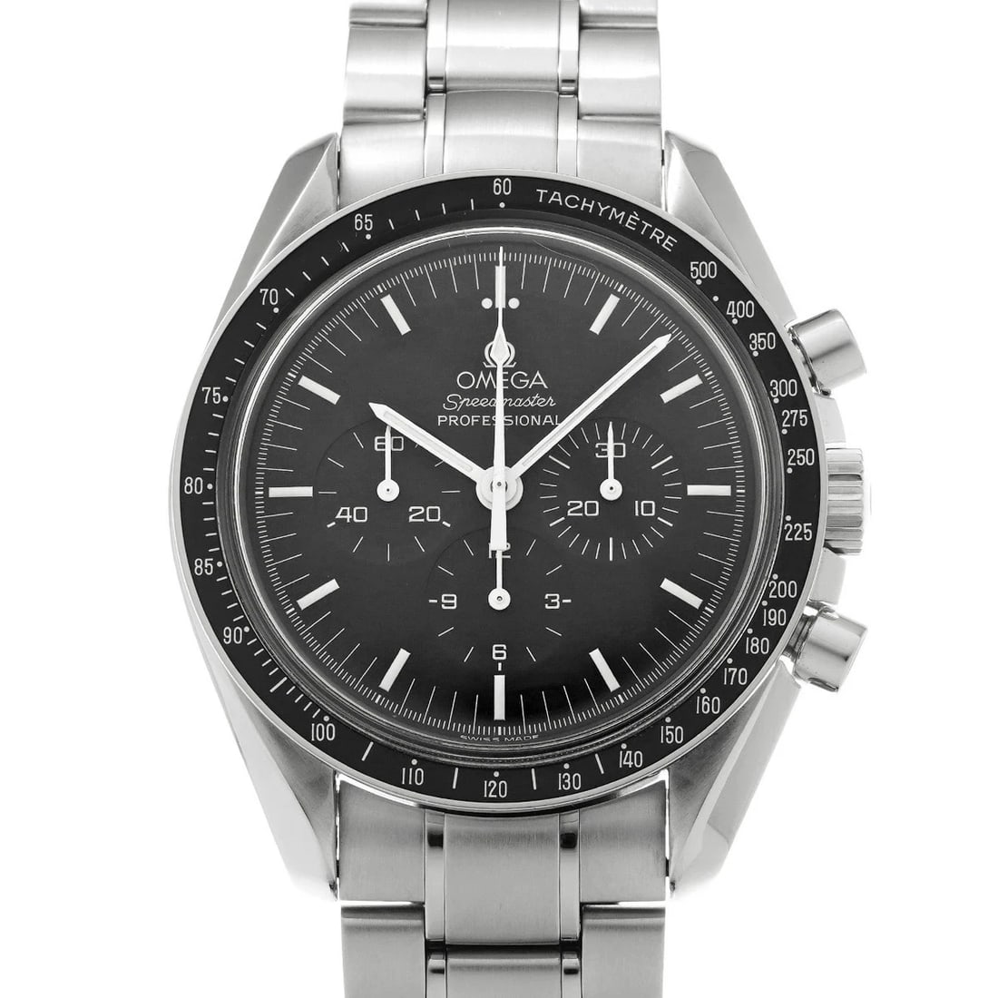 OMEGA SPEEDMASTER MOONWATCH BLACK WATCH: OMEGA Speedmaster Moonwatch Black Watch Brand: OMEGA Type: Wristwatch Material: Band MaterialStainless, Band MaterialStainless, Case MaterialCase MaterialPlastic Color: black Size: Wrist