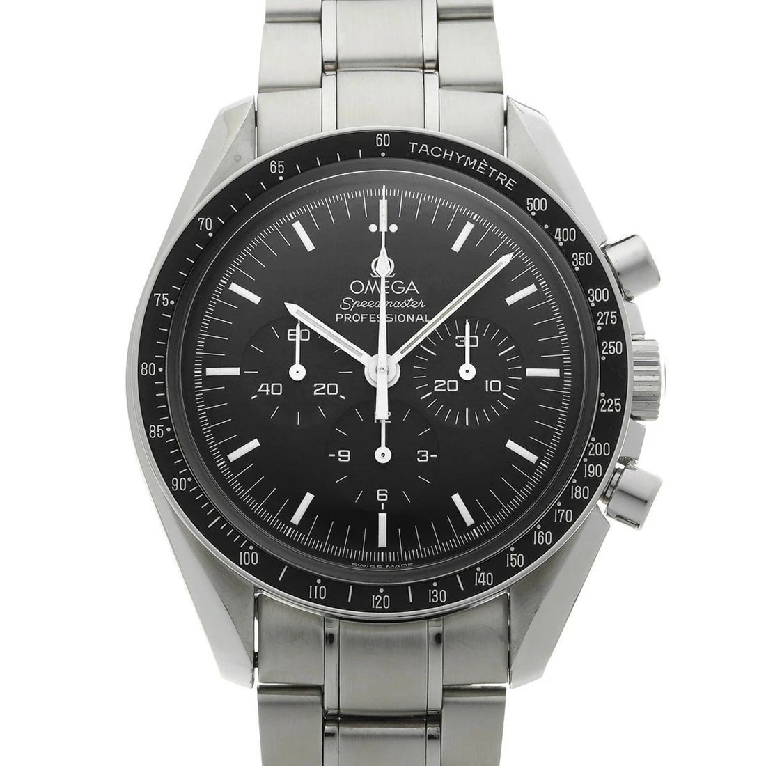 OMEGA SPEEDMASTER MOONWATCH BLACK WATCH: OMEGA Speedmaster Moonwatch Black Watch Brand: OMEGA Type: Wristwatch Material: Band MaterialStainless, Band MaterialStainless, Case MaterialCase MaterialPlastic Color: black Size: Wrist