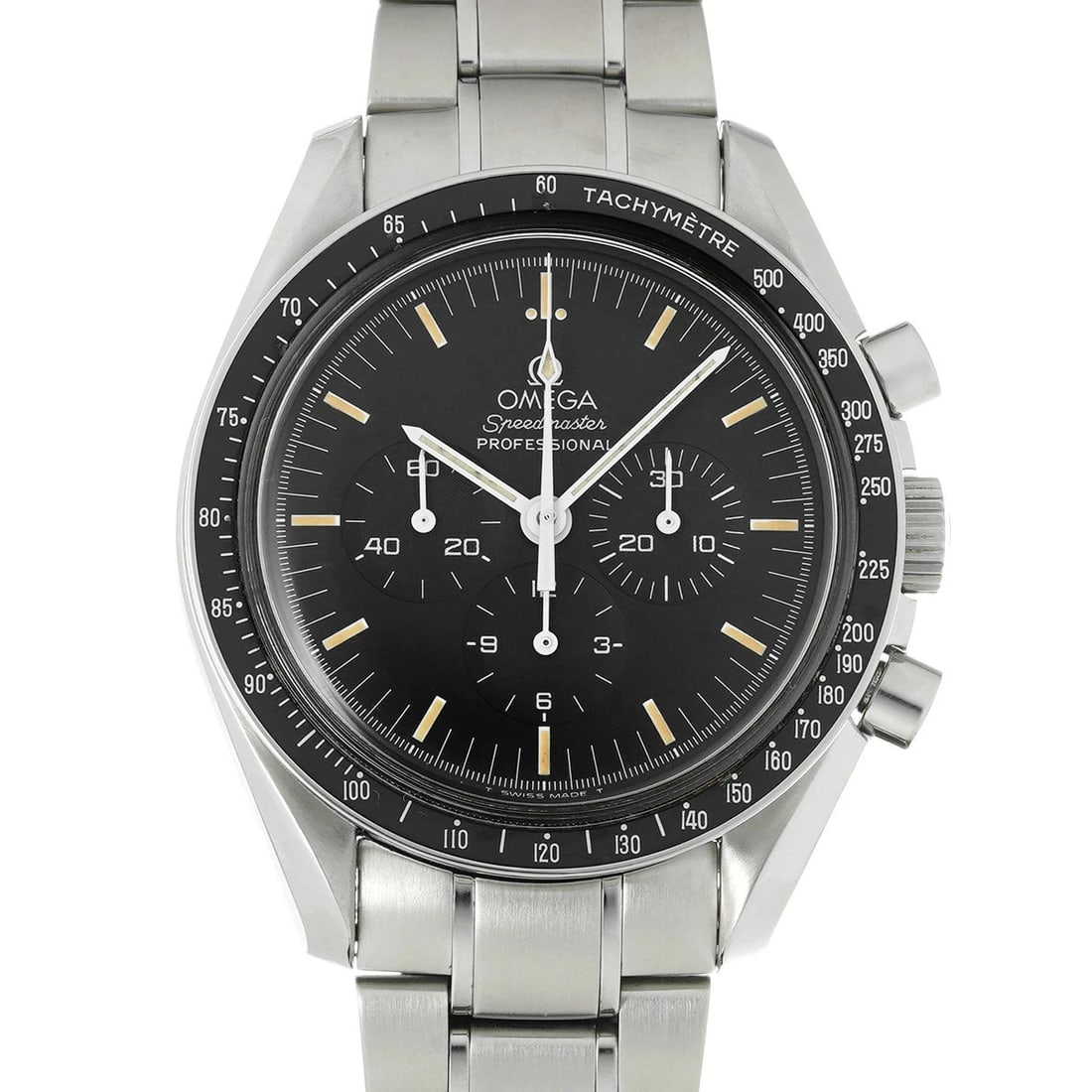 OMEGA SPEEDMASTER MOONWATCH BLACK WATCH: OMEGA Speedmaster Moonwatch Black Watch Brand: OMEGA Type: Wristwatch Material: Band MaterialStainless, Band MaterialStainless, Case MaterialCase MaterialPlastic Color: black Size: Wrist