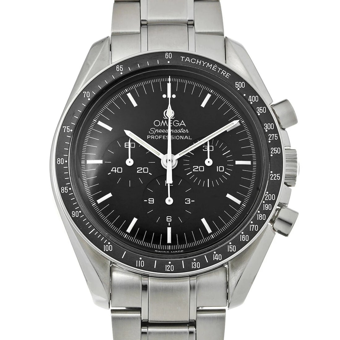 OMEGA SPEEDMASTER MOONWATCH BLACK WATCH: OMEGA Speedmaster Moonwatch Black Watch Brand: OMEGA Type: Wristwatch Material: Band MaterialStainless, Band MaterialStainless, Case MaterialCase MaterialPlastic Color: black Size: Wrist