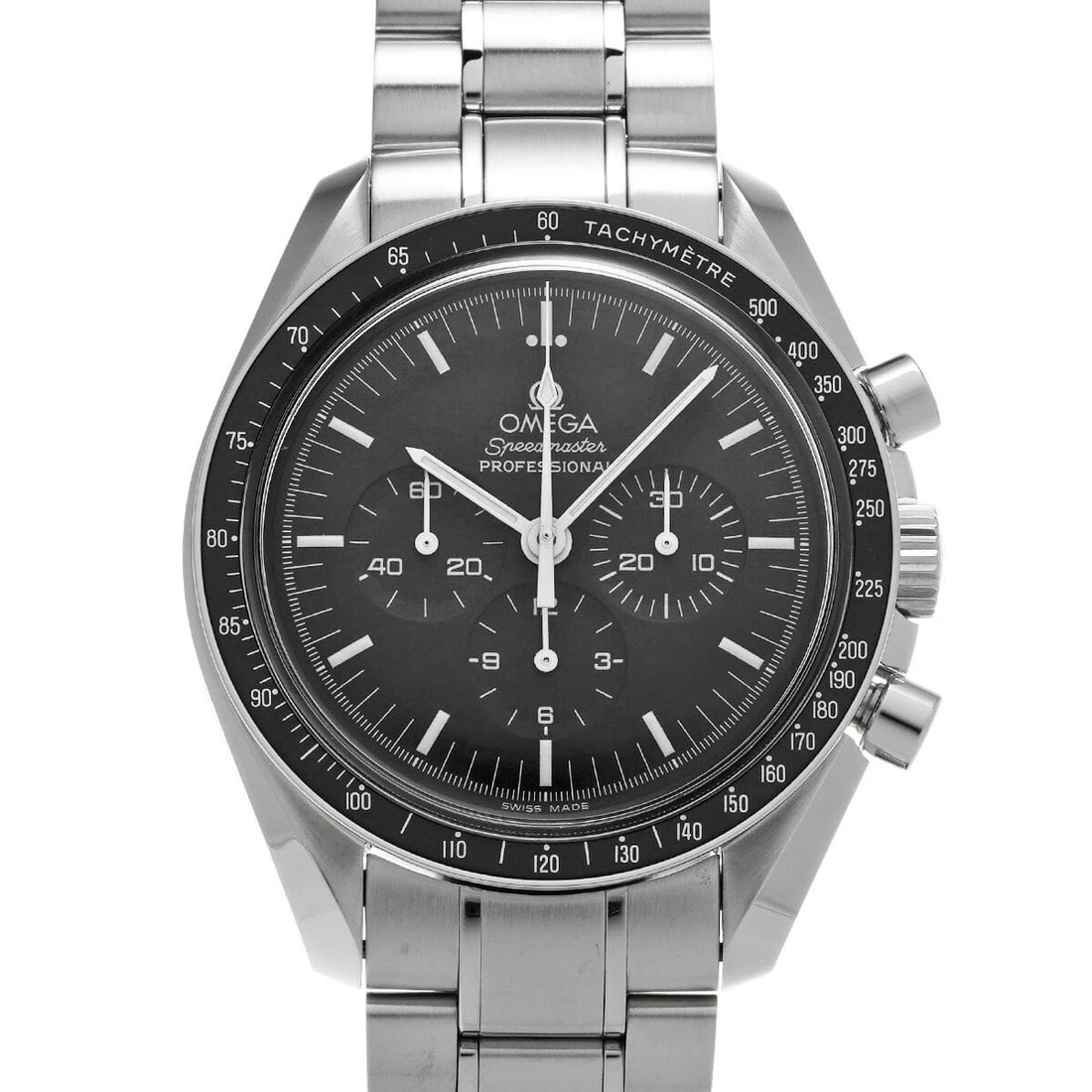 OMEGA SPEEDMASTER MOONWATCH BLACK WATCH: OMEGA Speedmaster Moonwatch Black Watch Brand: OMEGA Type: Wristwatch Material: Band MaterialStainless, Band MaterialStainless, Case MaterialCase MaterialPlastic Color: black Size: Wrist