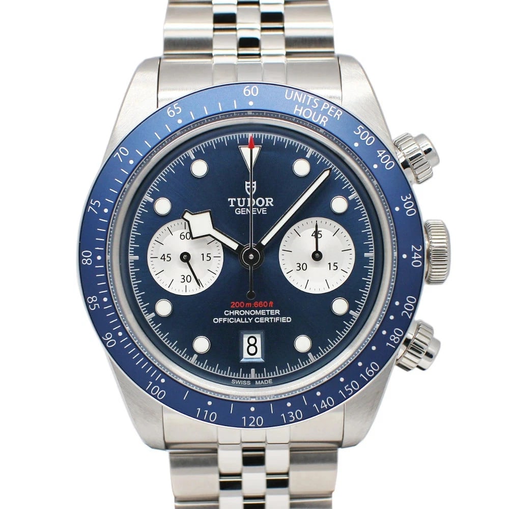 TUDOR BLACK CHRONO BLUE WATCH: TUDOR Black Chrono Blue Watch Brand: TUDOR Type: Wristwatch Material: Band MaterialSs, Band MaterialSs, Case MaterialCase MaterialSapphire Color: blue Size: Wrist SizeNA, Case Size41mm (excluding