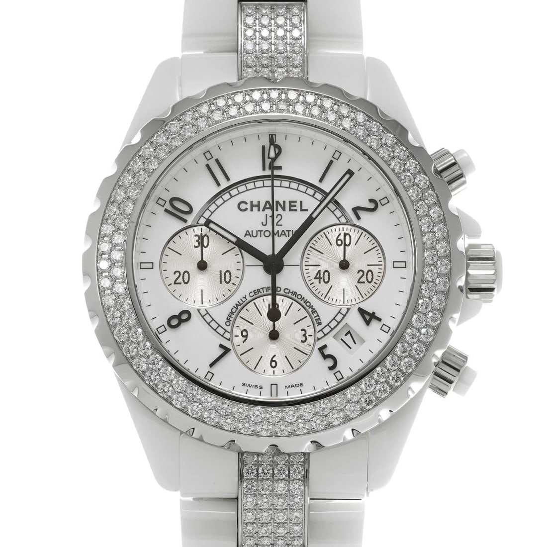 CHANEL J12 CHRONOGRAPH WHITE WATCH: CHANEL J12 Chronograph White Watch Brand: CHANEL Type: Wristwatch Material: Band MaterialCeramic, Band MaterialCeramic, Case MaterialCase MaterialSapphire Crystal Color: white Size: Wrist Size19cm