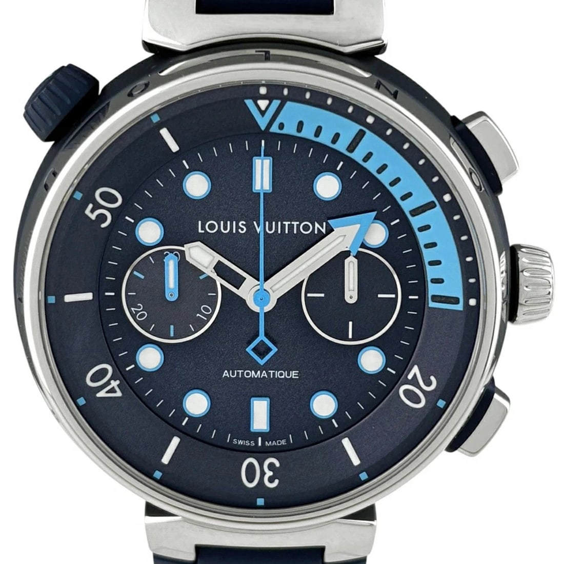 LOUIS VUITTON WATCH: LOUIS VUITTON Watch Brand: LOUIS VUITTON Type: Wristwatch Material: Band MaterialN/A, Band MaterialN/A, Case MaterialCase MaterialSapphire Crystal Color: blue Size: Wrist SizeNA, Case Size46mm Ac