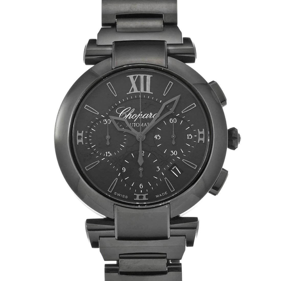 CHOPARD IMPERIALE CHRONOGRAPH BLACK WATCH: CHOPARD Imperiale Chronograph Black Watch Brand: CHOPARD Type: Wristwatch Material: Band MaterialStainless, Band MaterialStainless, Case MaterialCase MaterialSapphire Crystal Color: black Size: Wr