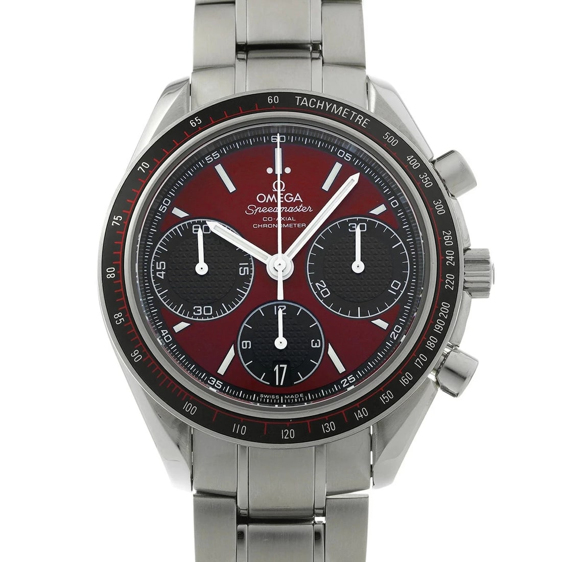 OMEGA SPEEDMASTER RACING CO AXIAL WATCH: OMEGA Speedmaster Racing Co Axial Watch Brand: OMEGA Type: Wristwatch Material: Band MaterialStainless, Band MaterialStainless, Case MaterialCase MaterialSapphire Crystal Color: red Size: