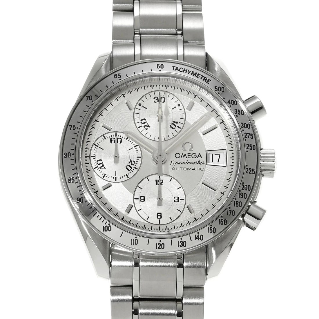 OMEGA SPEEDMASTER SILVER WATCH: OMEGA Speedmaster Silver Watch Brand: OMEGA Type: Wristwatch Material: Band MaterialStainless, Band MaterialStainless, Case MaterialCase MaterialSapphire Crystal Color: silver Size: Wrist Size18cm
