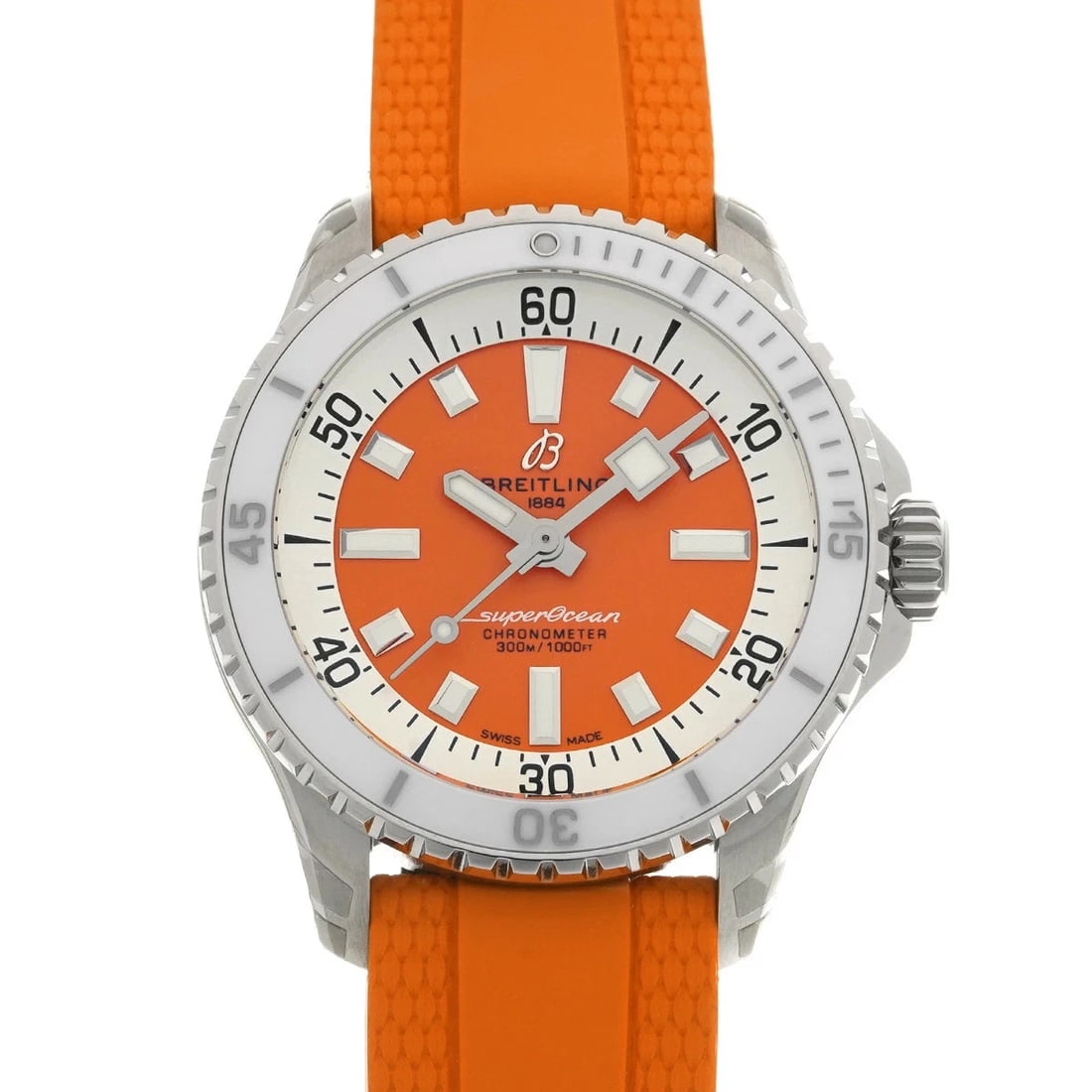 BREITLING SUPEROCEAN ORANGE WATCH: BREITLING Superocean Orange Watch Brand: BREITLING Type: Wristwatch Material: Band MaterialStainless, Band MaterialStainless, Case MaterialCase MaterialSapphire Crystal Color: orange Size: