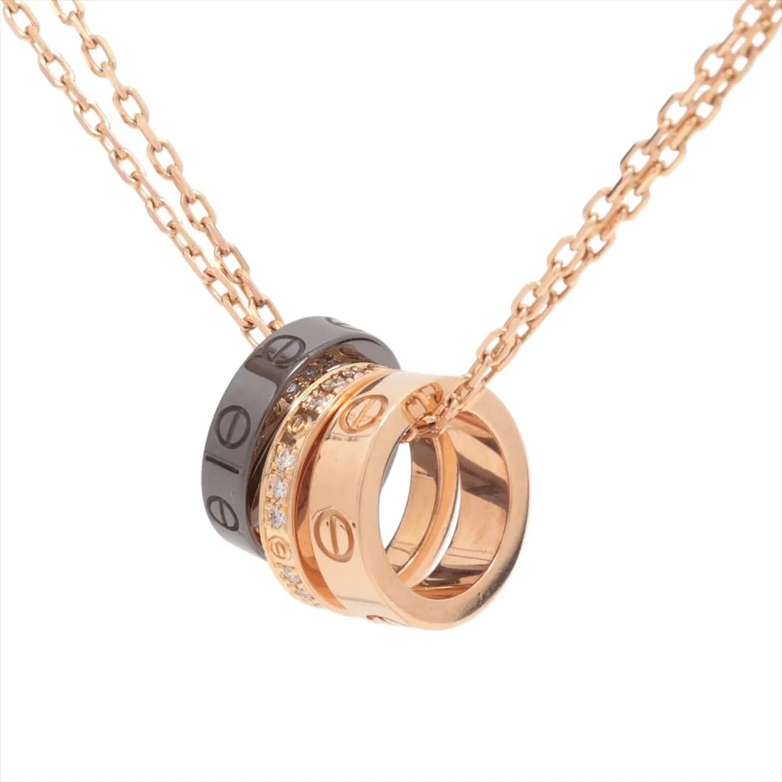 CARTIER LOVE THREE HOOP DIAMOND NECKLACE 750: Cartier Love Three Hoop diamond Necklace 750 Brand: Cartier Type/Style: Necklace Material: 750 (PG) × ceramic, Main Stone/Creation Natural Color: PG Size: Size(CM) Chain length:45.3 