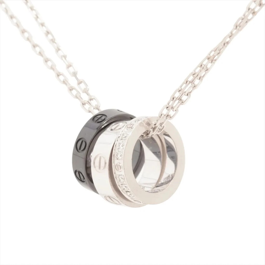 CARTIER LOVE THREE HOOP DIAMOND NECKLACE: Cartier Love Three Hoop diamond Necklace Brand: Cartier Type/Style: Necklace Material: 750 (WG) x Ceramic, Main Stone/Creation Natural Color: Not Specified Size: Size(CM) Chain length:41.6 