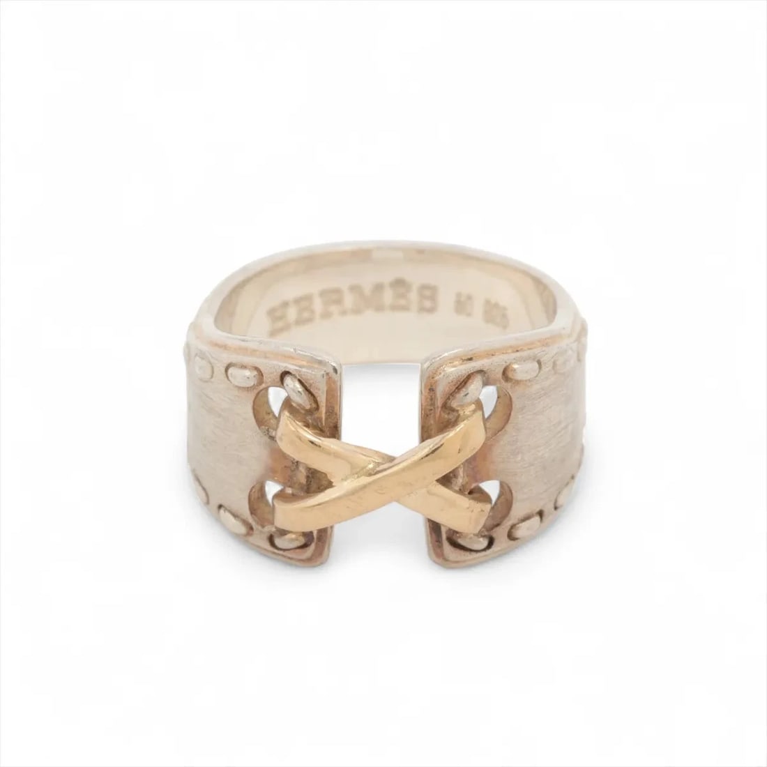 HERMES MEXICAN RING RING 50 925: Hermes Mexican Ring Ring 50 925 Brand: Hermes Type/Style: Ring Material: 925×750, Color: Silver x gold Size: 4.75 - 5 US Accessories: None Accessories Notice: When purchasing pre-owned