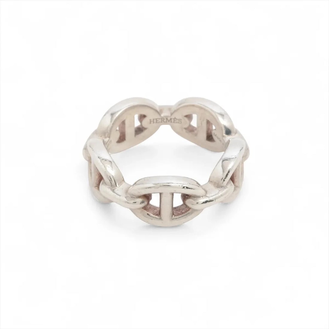 HERMES CHAINE D'ANCRE ENCHAINEE RING: Hermes Chaine d'Ancre Enchainee Ring Brand: Hermes Type/Style: Ring Material: 925, Color: Silver Size: 4.5 US Accessories: None Accessories Notice: When purchasing pre-owned goods, please