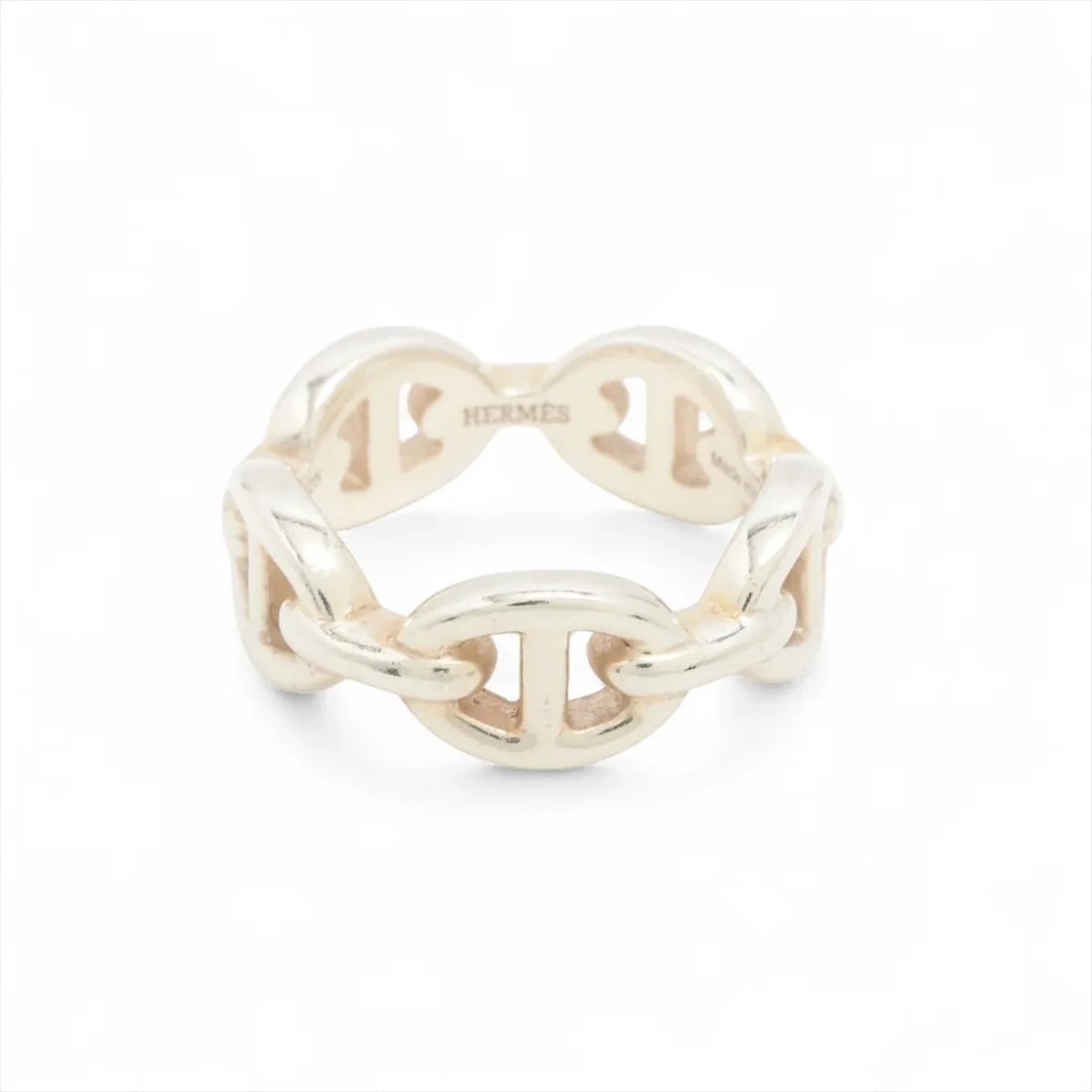 HERMES CHAINE D'ANCRE ENCHAINEE RING: Hermes Chaine d'Ancre Enchainee Ring Brand: Hermes Type/Style: Ring Material: 925, Color: Silver Size: 4.75 - 5 US Accessories: None Accessories Notice: When purchasing pre-owned goods,